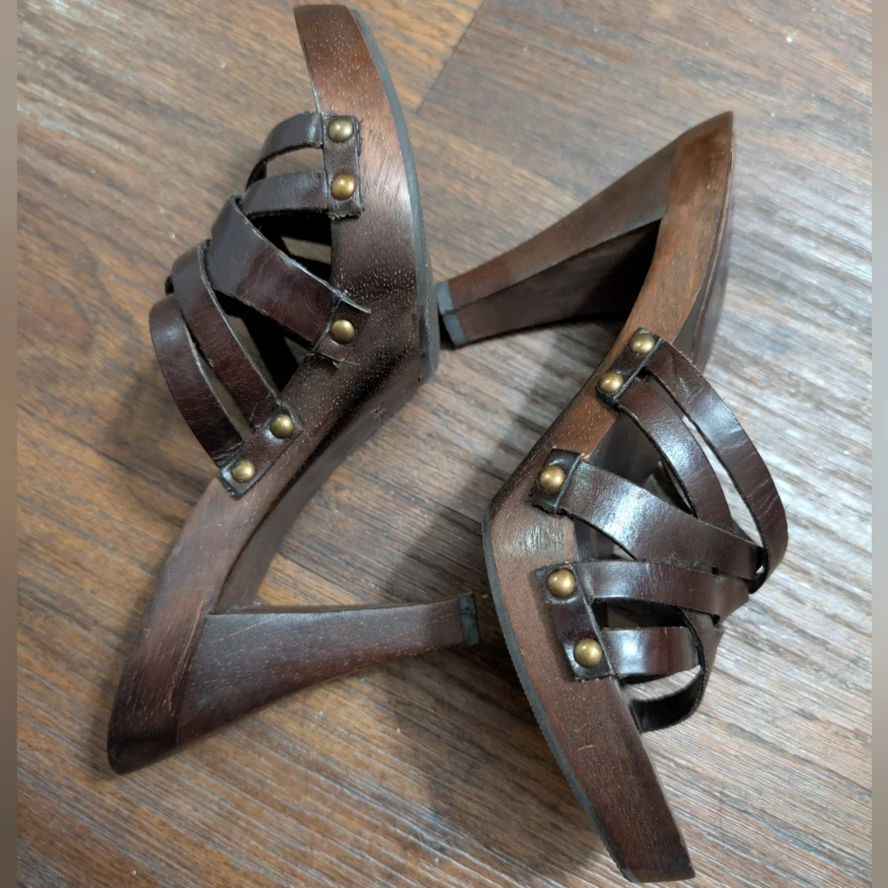 Vintage Mia Wooden Leather Dark Chocolate Brown Clog Heel 7 - Picture 6 of 8